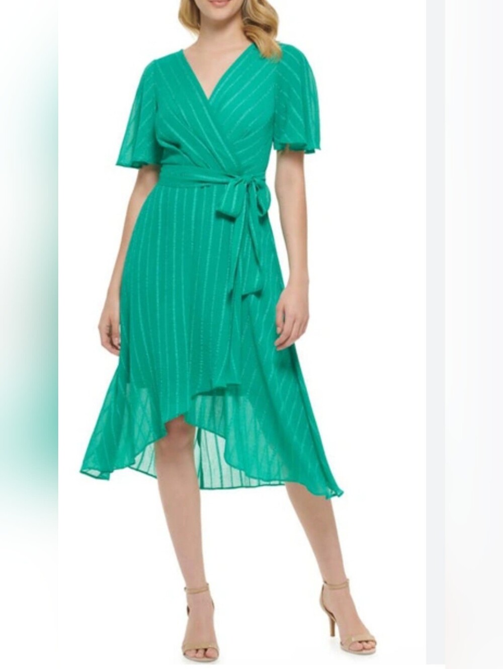 Tommy Hilfiger Teal Green Faux Wrap Midi Dress with Tie Waist Size 6
